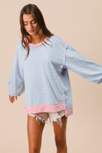 Load image into Gallery viewer, BiBi French Terry Striped Top with Uneven Hemline in Lt Blue/Blush
