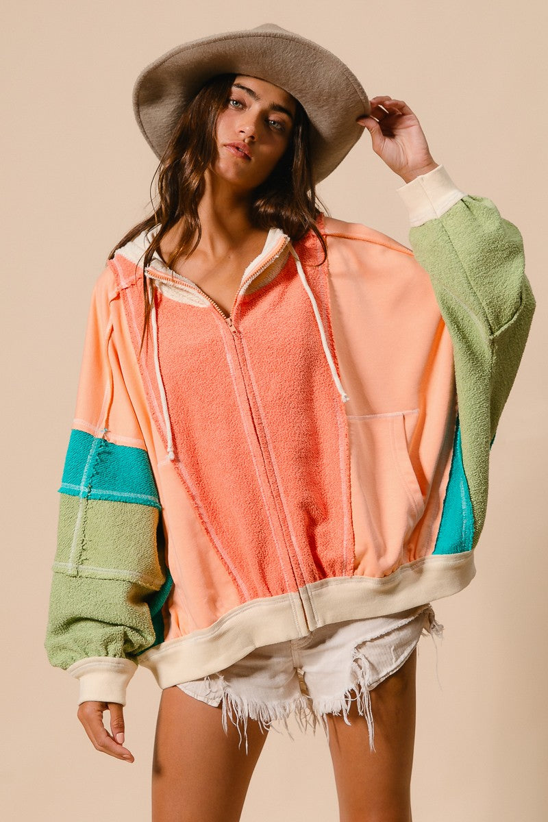 BiBi OVERSIZED Colorblock Knit & Terry Knit Jacket in Coral/Peach