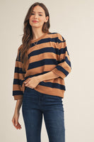 Jodifl V-Notched Bold Stripe Casual Top in Caramel/Navy