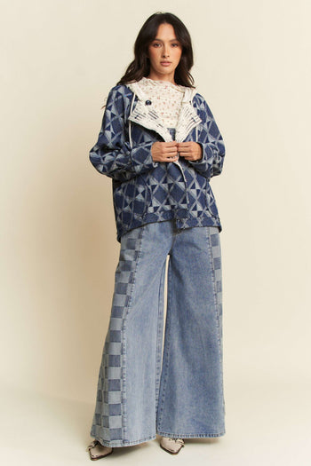 Davi & Dani Vintage Geometric Denim Pattern Jacket in Blue