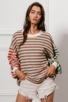 BiBi Multi Color Mixed Striped Top in Mocha/Rust/Olive