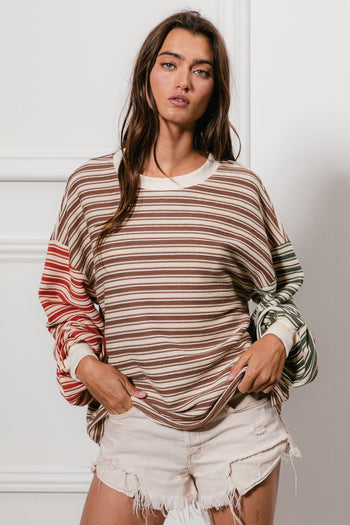 BiBi Multi Color Mixed Striped Top in Mocha/Rust/Olive