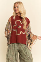 Davi & Dani Boho Patchwork Knit Poncho Top in Burgundy