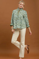 Umgee Mix Floral Print Mandarin Collar Blouse in Olive Mix
