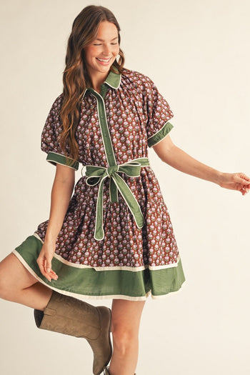 Jodifl Waist Tie Floral Dress in Brown