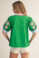 Jodifl Solid Color Woven Top with Embroidery Sleeves in Kelly Green