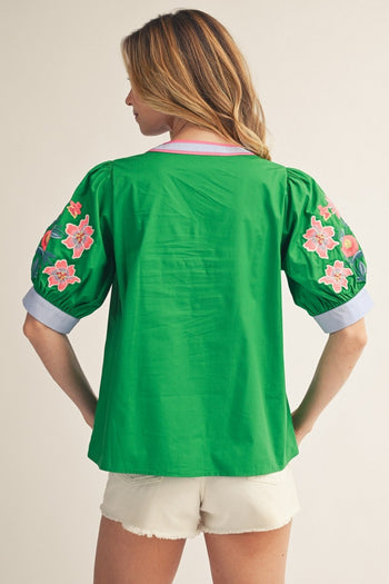 Jodifl Solid Color Woven Top with Embroidery Sleeves in Kelly Green