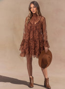 Lena Chiffon Floral Relaxed Fit Ruffled Mini Dress in Brown