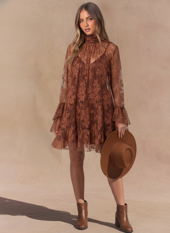 Lena Chiffon Floral Relaxed Fit Ruffled Mini Dress in Brown