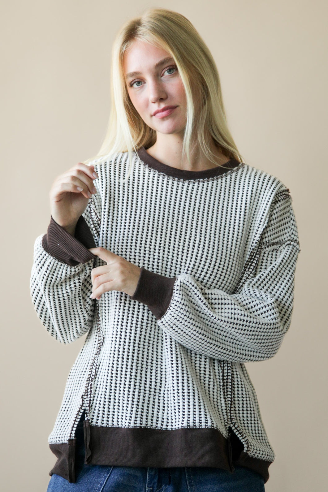 Very J OVERSIZED Waffle Knit Top in Chocolate