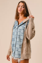 Load image into Gallery viewer, BiBi Mixed Checkered Denim and Knit Sweater Hooded Jacket in Denim/Latte
