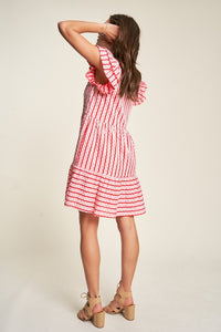 Davi & Dani Solid Geo Striped Button Front Dress in Pink Red Dresses Davi & Dani   