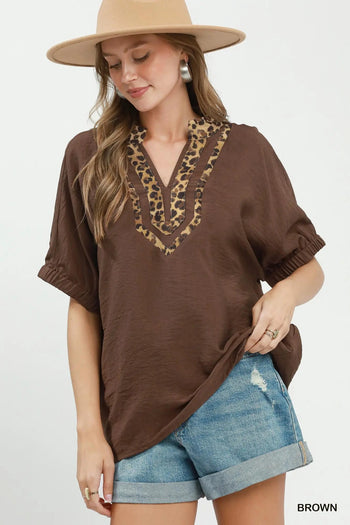 Umgee Leopard Trim Dolman Sleeve Blouse in Brown