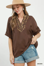 Load image into Gallery viewer, Umgee Leopard Trim Dolman Sleeve Blouse in Brown
