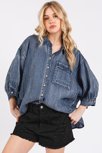 Mittoshop Washed Tencel Chambray Dolman Sleeve Top in Dark Denim ON ORDER