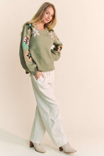 Load image into Gallery viewer, Davi &amp; Dani Solid Color Knit Sweater With Floral Embroidery in Olive Sage
