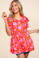 Haptics Floral Print Peplum Babydoll Top in Red/Pink FINAL SALE