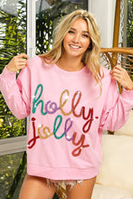 Load image into Gallery viewer, BiBi French Terry Top with HOLLY JOLLY Lettering with Metallic Tinsel in Pink
