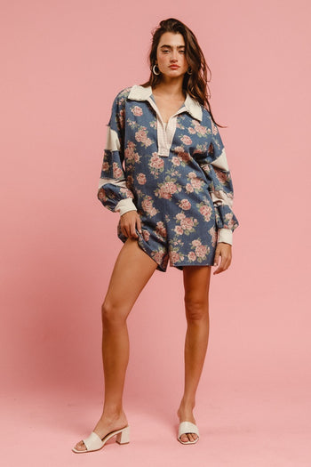 BiBi Floral Print Denim Romper with Contrasting Fabric in Denim **PLEASE REVIEW DESCRIPTION DETAILS ON SIZING**