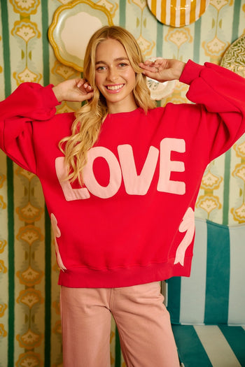 BiBi Fleece Sweatshirt with LOVE Front Patches and Side Bow Patches in Red/Pink