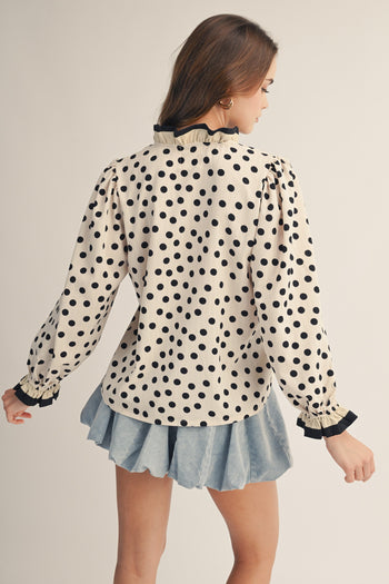 LovLov Midnight Frill Polka Dot Ruffle Detail Top in Ivory