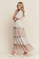 J.nna Color Block Tiered Floral Print Maxi Dress in Blush Cream Floral