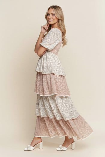 J.nna Color Block Tiered Floral Print Maxi Dress in Blush Cream Floral