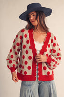 LovLov Vintage Polka Dot Scalloped Trim Cardigan in Red/Oatmeal