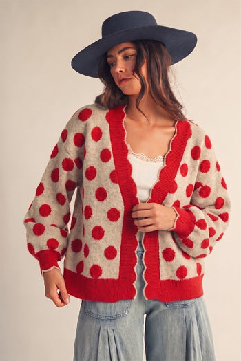 LovLov Vintage Polka Dot Scalloped Trim Cardigan in Red/Oatmeal