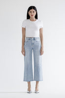 Mica Denim High Rise Pearl and Rhinestone Embellished CROPPED Wide Leg Jeans in Grizzlies Blue