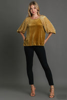 Umgee Solid Velvet Top with Animal Print Burnout Sleeves in Gold