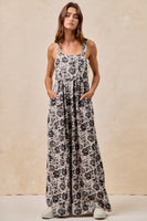 BiBi Mineral Washed Denim Rose Print Wide Leg Jumpsuit in Grey/Black