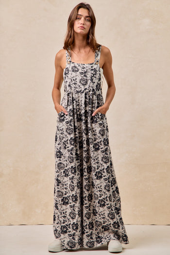 BiBi Mineral Washed Denim Rose Print Wide Leg Jumpsuit in Grey/Black