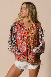 BiBi Mixed Prints Peasant Top in Copper Combo