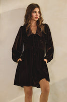 LovLov Luxe Velvet Button Down Mini Dress in Mocha