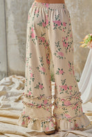 BiBi Flower Printed Twill Ruffled Detail Wide Pants in Cream