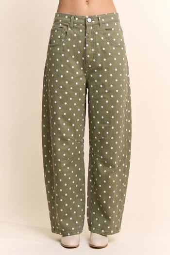 Davi & Dani Polka Dot Barrel Pants in Olive