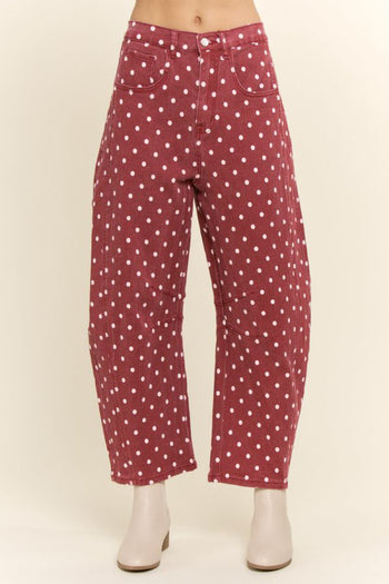 Davi & Dani Polka Dot Barrel Pants in Burgundy