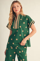 Jodifl Color Rib Band Contrast Zip Up Polka Dot Top in Hunter Green