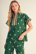 Load image into Gallery viewer, Jodifl Color Rib Band Contrast Zip Up Polka Dot Top in Hunter Green
