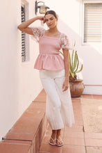 Load image into Gallery viewer, In February Smocked Babydoll Top with Contrasting Sleeves in Soft Pink Shirts &amp; Tops In February   
