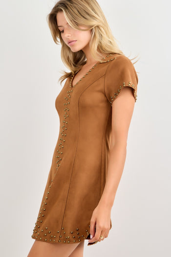 BaeVely Stud Detail Faux Suede V-Neck Mini Dress in Brown