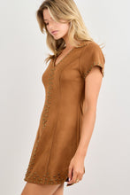 Load image into Gallery viewer, BaeVely Stud Detail Faux Suede V-Neck Mini Dress in Brown
