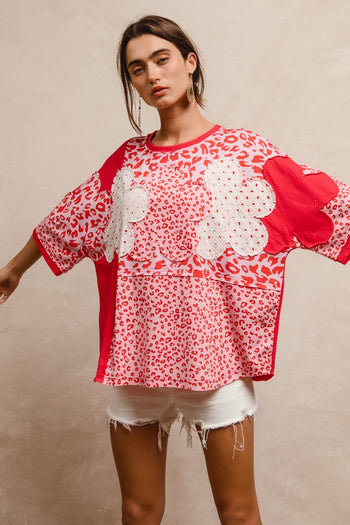 BiBi Mix N Match Top with Floral Patches in Pink Leopard