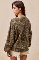 BiBi French Terry Leopard Print Top with Contrasting Color Block Stripes in Red/Pumpkin