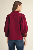 Jodifl Embroidered Scallop V Neckline Solid Top in Burgundy