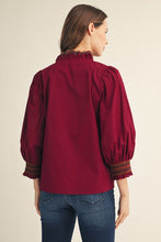 Load image into Gallery viewer, Jodifl Embroidered Scallop V Neckline Solid Top in Burgundy
