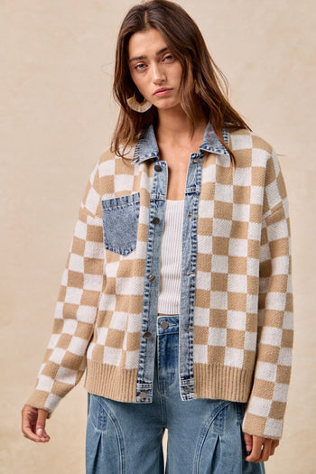 BiBi Sweater Knit Checkered and Denim Trim Jacket in Latte