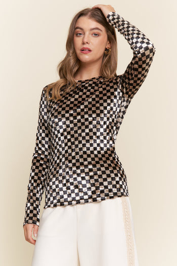 J.nna FITTED Checkered Print Velvet Top in Black