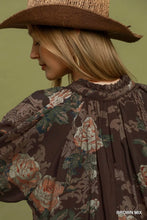 Load image into Gallery viewer, Umgee Floral Ruffle Neck Blouse in Brown Mix
